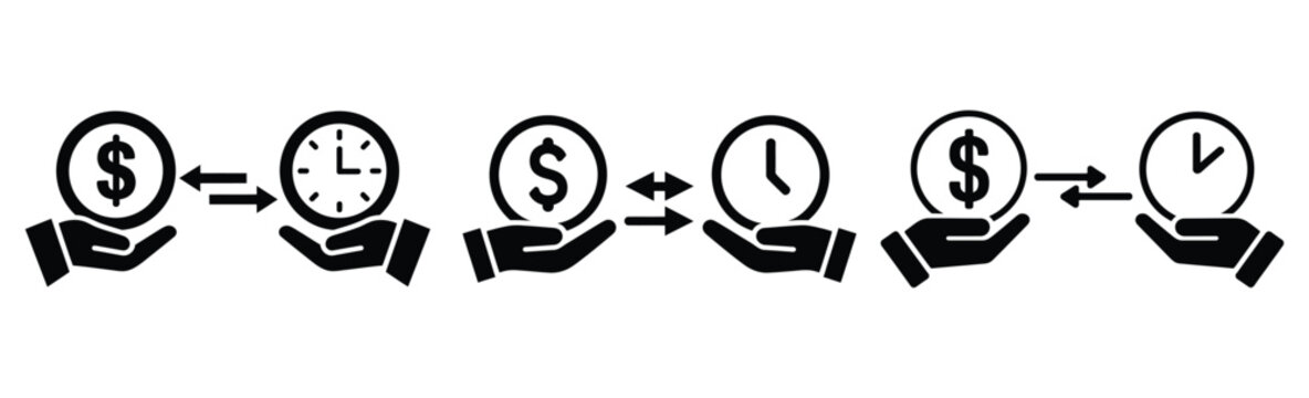 Time and money balance concept with clock and dollar sign icons on seesaw