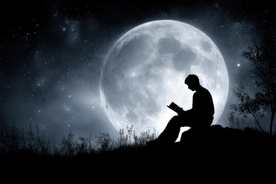 Silhouette of a man reading against the background of the full moon at night.