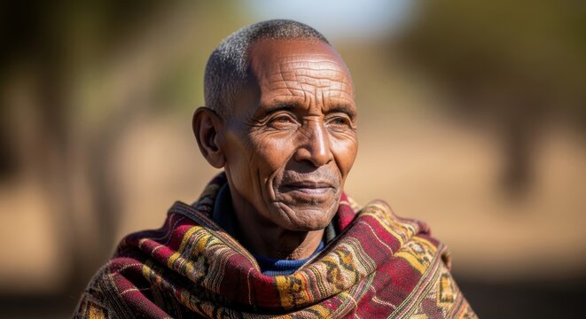 Elderly Oromo man, Oromia Ethiopia, wise and serene, traditional woven shawl with decorated borders, close-up portrait