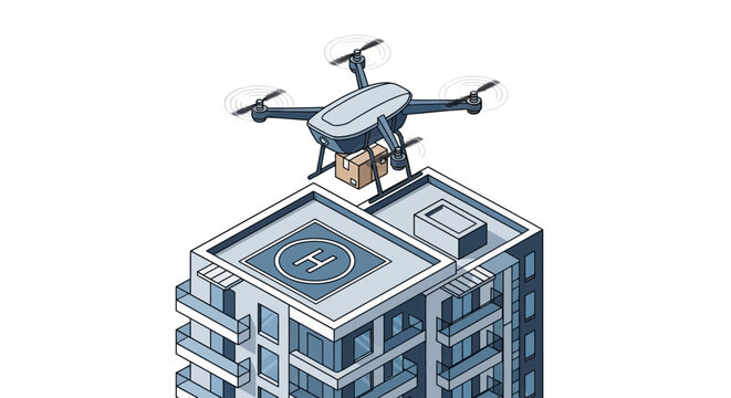 Isometric Illustration of a Delivery Drone Carrying a Package to a Rooftop Helipad on a Modern Apartment Building, Smart City Logistics Concept