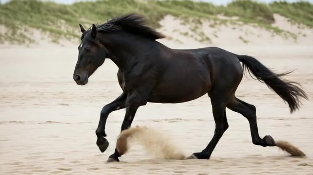 Black horse galloping freely across sandy beach with dunes under bright daylight