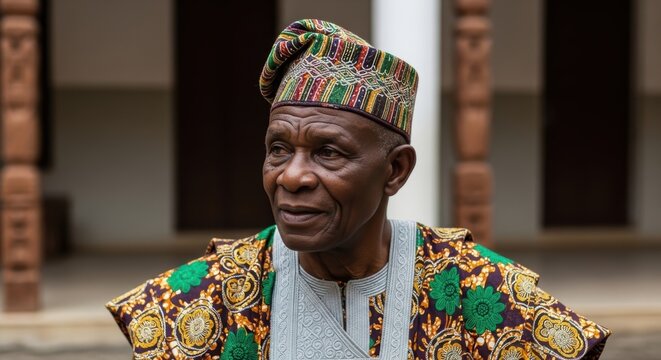 Elderly Yoruba man, southwestern Nigeria, dignified and reflective, traditional agbada with patterned fila, half-body portrait