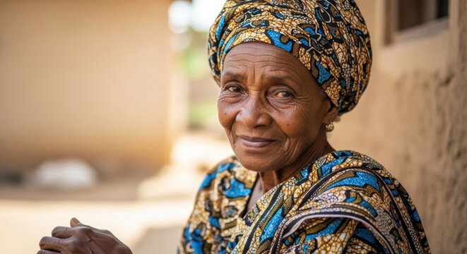 Elderly Yoruba woman, southwestern Nigeria, wise and serene, printed traditional wrapper with matching gele, close-up portrait