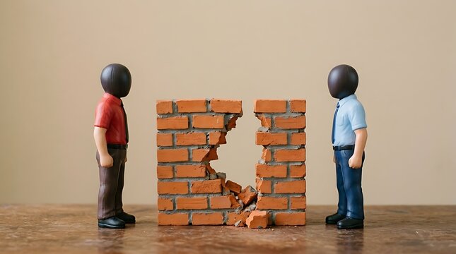 Miniature figures in business attire stand on either side of a broken brick wall representing conflict division or communication barriers. Ideal for corporate marketing and motivational content.