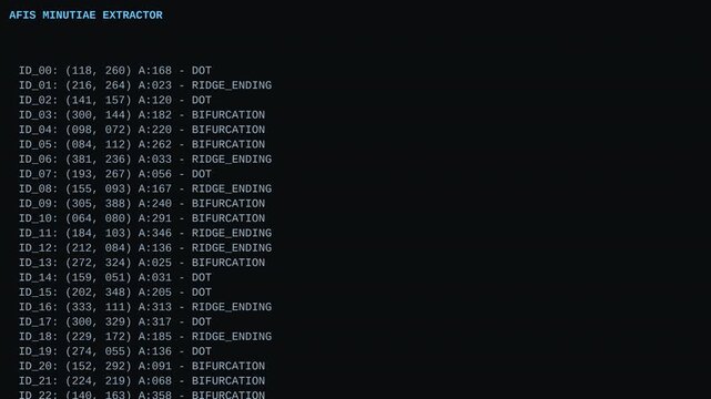 Forensic AFIS minutiae extractor terminal analyzing fingerprint features and querying national database for a probability match