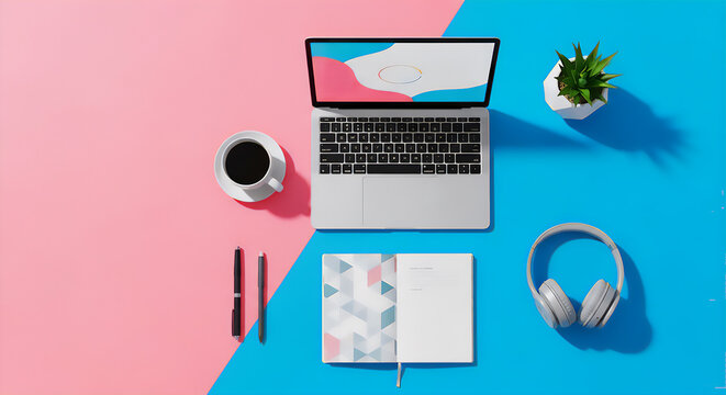 Top-down flat lay of modern office items arranged in clean geometric layout on neon colored background