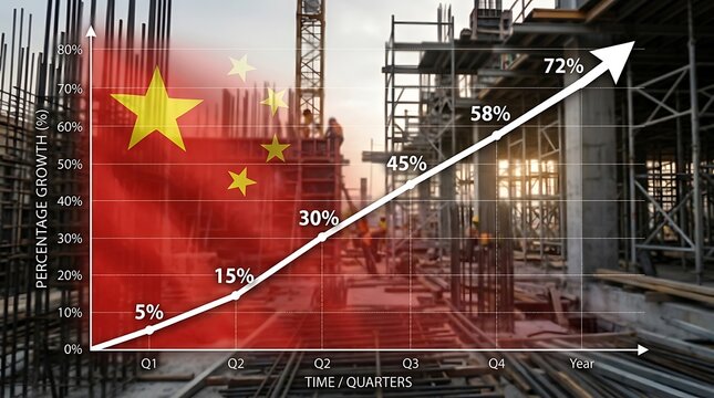 A dynamic infographic showing Chinas economic growth percentages over time featuring a construction site background and upward trendline for business and financial presentations.