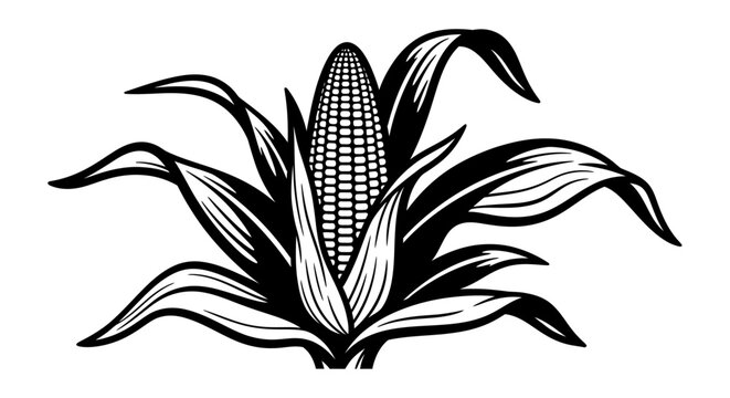 Vector illustration of a corn cob with leaves, black and white graphic style