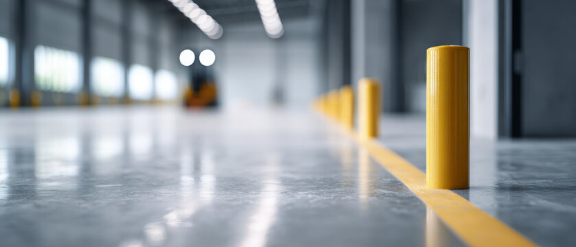 Yellow bollards in industrial warehouse
