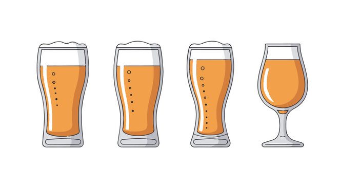 Set of different beer glasses filled with golden ale or lager beer