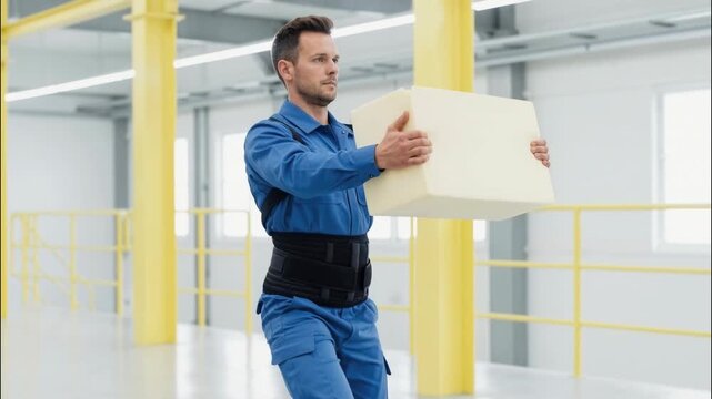 Male worker in blue uniform demonstrating correct lifting posture with back support brace. Workplace safety and ergonomics in warehouse for injury prevention.