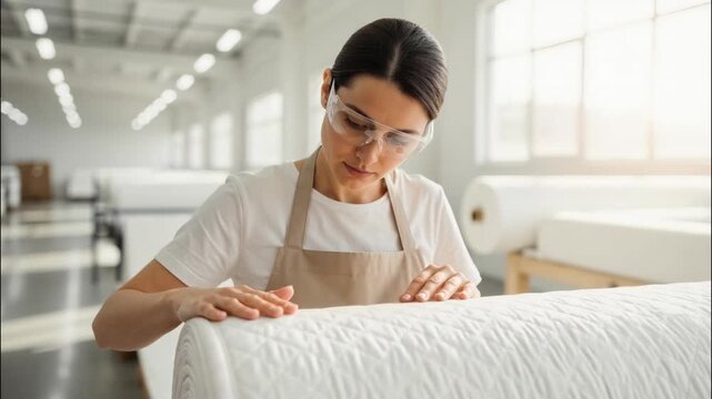 Focused female worker in safety glasses inspecting roll of quilted fabric. Quality control in modern textile manufacturing plant
