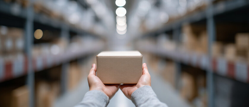 Hands holding cardboard box in warehouse