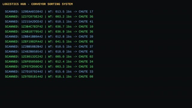 Automated logistics hub warehouse conveyor sorting system scanning package barcodes weight and routing to chutes