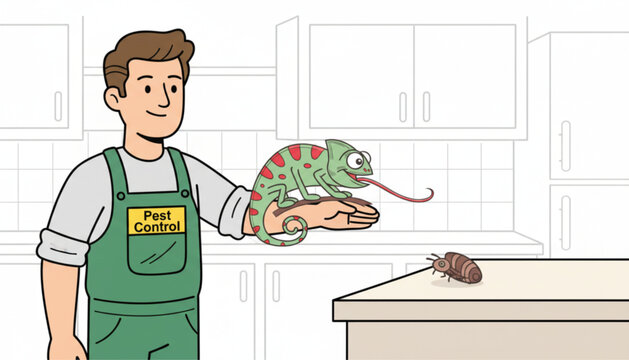 Pest Control Technician with Chameleon Catching Cockroach &ndash; Vector Illustration, Green Uniform, &ldquo;Pest Control Service&rdquo; Text, Kitchen Scene, Humorous & Educational Style
