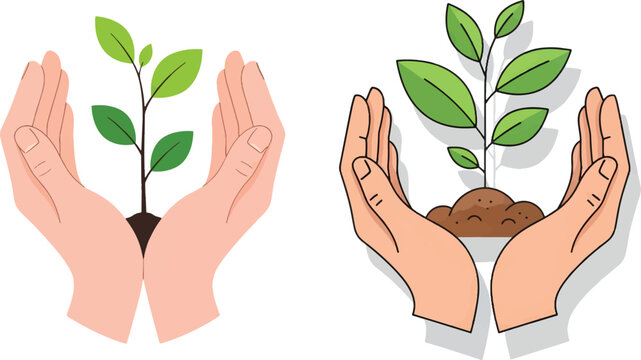 Environmental protection vector illustration, human hands cupping a growing green plant, ecology and sustainability concept icons for nature conservation