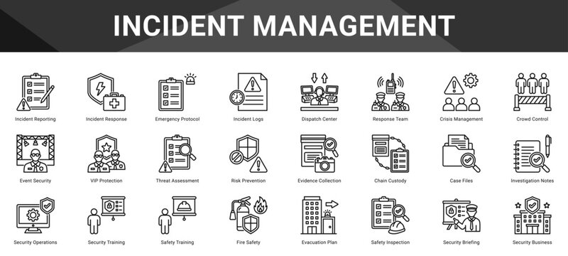INCIDENT MANAGEMENT  Icon set collection. Vector icon pack featuring thematic icons for your presentations or business.