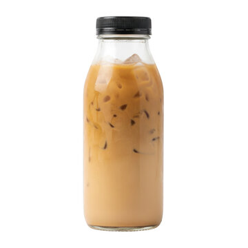 Glass bottle filled with iced coffee and milk isolated on a transparent background