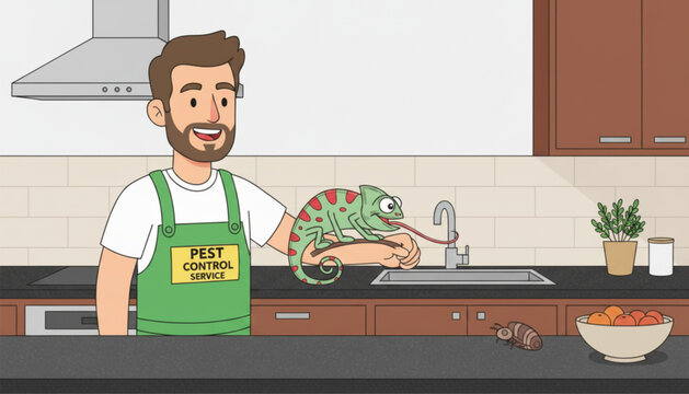 Pest Control Technician with Chameleon Catching Cockroach &ndash; Vector Illustration, Green Uniform, &ldquo;Pest Control Service&rdquo; Text, Kitchen Scene, Humorous & Educational Style