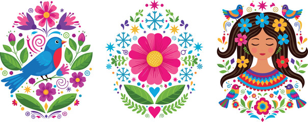 Scandinavian Folk Art Set Featuring Colorful Bird Floral Ornament and Traditional Girl Portrait with Symmetrical Decorative Elements for Cultural Design © DarparajDab