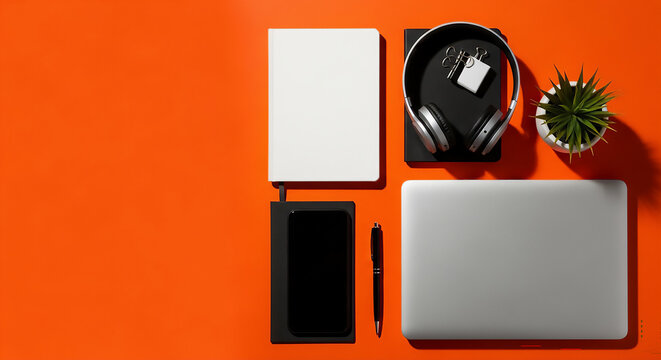 flat lay, office, colorful Orange, background, neon, design, modern, copy space, vibrant, business