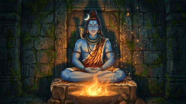 Lord shiva performing deep meditation near sacred fire in ancient temple for maha shivratri festival representing mahadev as the source of cosmic energy and light