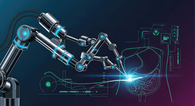 A robotic arm performing precision welding in a futuristic industrial setting with blue lights and technical diagrams.