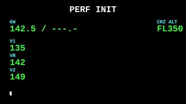 Aviation cockpit flight management computer FMC terminal loading waypoints Vspeeds and cruise altitude parameters