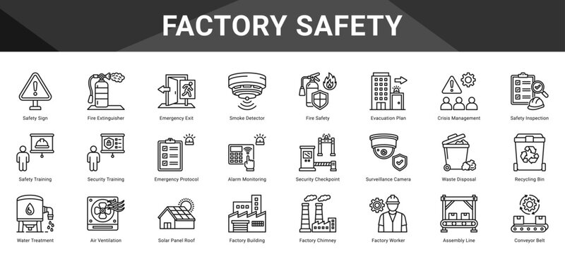 FACTORY SAFETY  Icon set collection. Vector icon pack featuring thematic icons for your presentations or business.