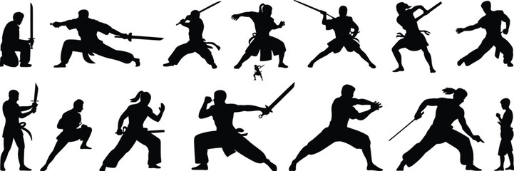 Fototapeta premium Silhouettes of martial artists in dynamic sword fighting poses on white background, martial arts samurai