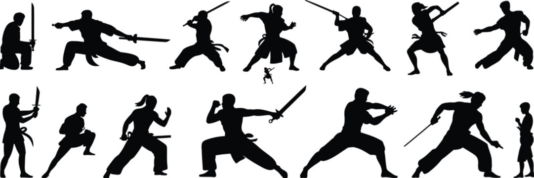 Silhouettes of martial artists in dynamic sword fighting poses on white background, martial arts samurai