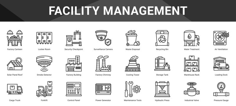 FACILITY MANAGEMENT  Icon set collection. Vector icon pack featuring thematic icons for your presentations or business.
