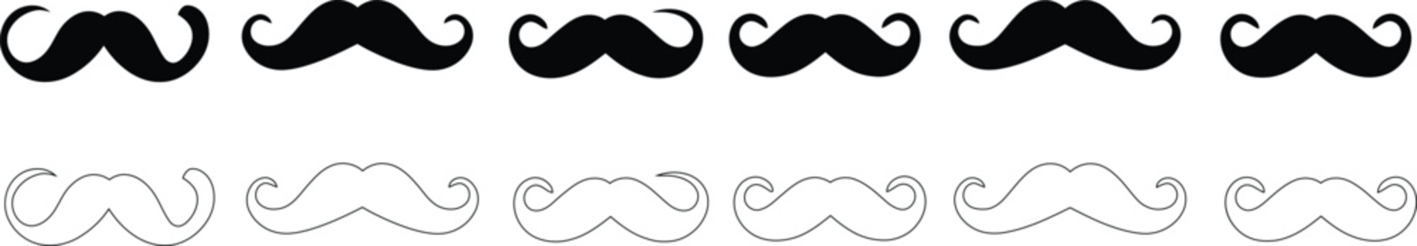 Black and white mustache silhouettes, row of curled moustaches