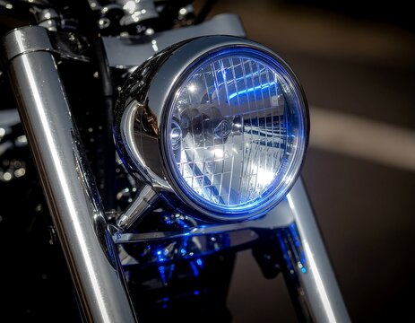 Close-up of motorcycle headlight at night.