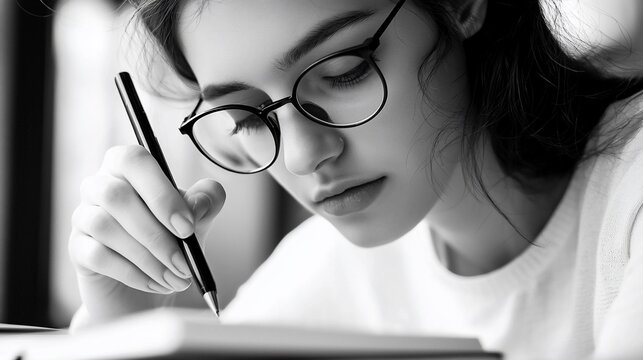 Monochrome Serenity Young Woman in Glasses Deeply Focused Writing with Pen in Thoughtful Moment.