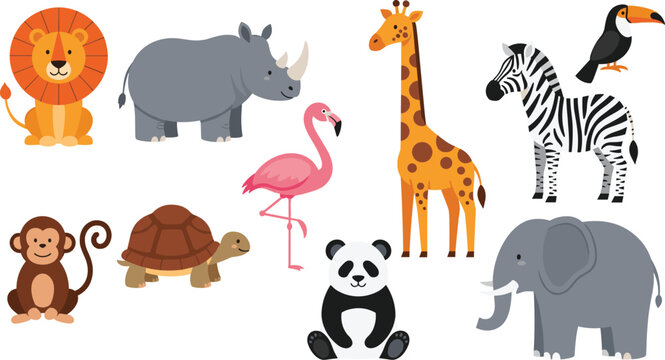 Cute wild animals collection with lion elephant giraffe zebra panda monkey flamingo and rhino cartoon vector illustration set