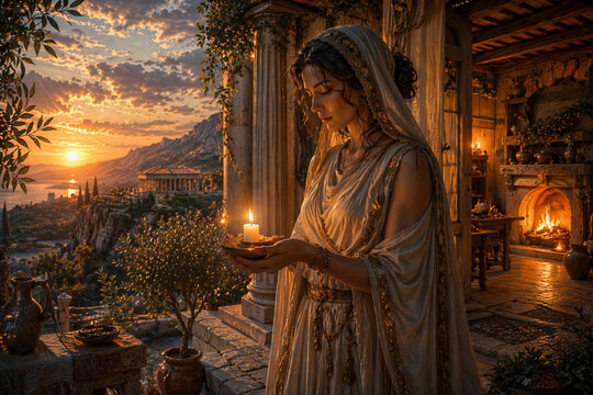 the goddess Hestia venerating the hearth