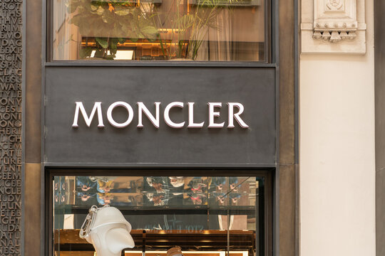31 March 2026, Vienna (Innere Stadt), Austria. Close-up of Moncler store sign on luxury shopping street