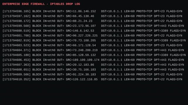 Enterprise edge firewall iptables drop log terminal actively blocking unauthorized network traffic and cyber threats