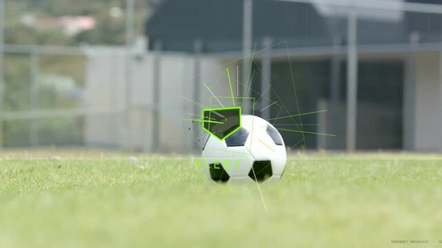 Rolling soccer ball entering frame lighting green shield HUD, showing ball tracking for training