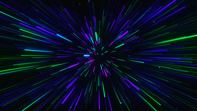 A dynamic abstraction with neon beams radiating from the center creates the effect of rapid movement through space. Suitable for technology design or graphic theme animation.