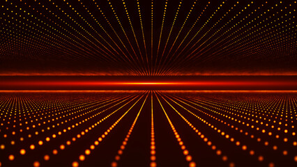 Fototapeta premium An abstract space of glowing red-orange dots arranged in perspective lines. A technological backdrop of a digital grid and a luminous horizon stretching to infinity.