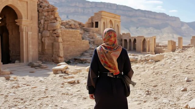 Woman in traditional islamic clothing and colorful headscarf admiring and walking through the ancient stone ruins of Palmyra, Syria, under the bright sun of the middle eastern desert