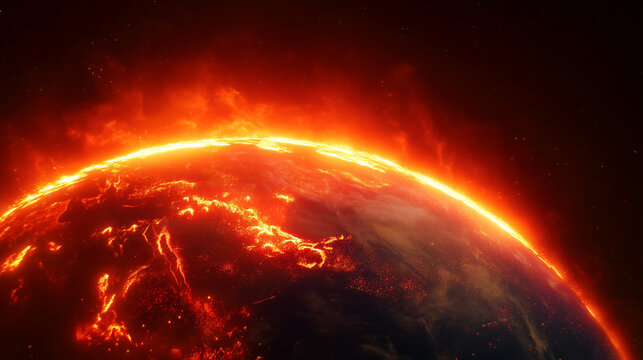 Apocalyptic burning planet Earth in outer space with fiery atmospheric eruption, dramatic cosmic disaster scene, ultra detailed glowing world destruction concept with molten contin