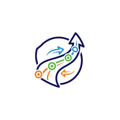 Obraz premium A stylized circular arrow graphic with colorful lines and circles.