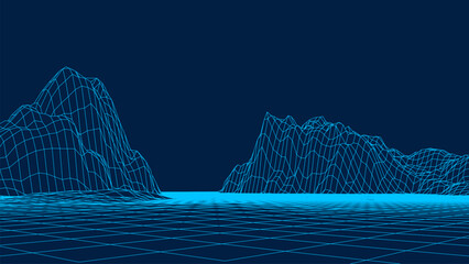 An abstract futuristic 3D mountain landscape in the style of the 1980s. The vector illustration depicts mountain forms and a digital surface for the 1980s-style background. Early computer graphics. © Anna