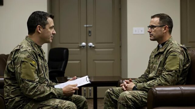 Military chaplain in uniform counseling soldier in office. Indoor shot. Mental health, spiritual guidance, and veteran support concept. Banner for therapy and support services