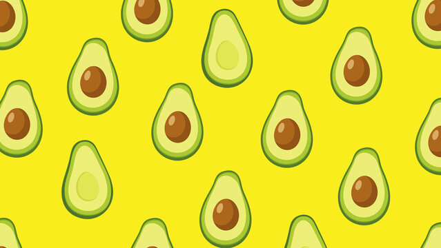 Seamless pattern with avocado halves on a bright yellow background