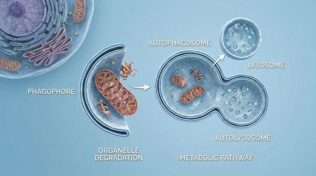 Autophagy process with phagophore formation and lysosomal fusion, cellular self cleansing, organelle degradation and metabolic pathway concept, detailed double membrane vesicle scene, realistic