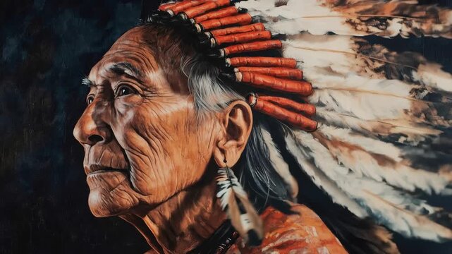 Stunning oil painting of an old Native American chief, with a wrinkled face, wearing a traditional feathered war bonnet. His profile portrait shows pride, wisdom, and the rich heritage of his tribe